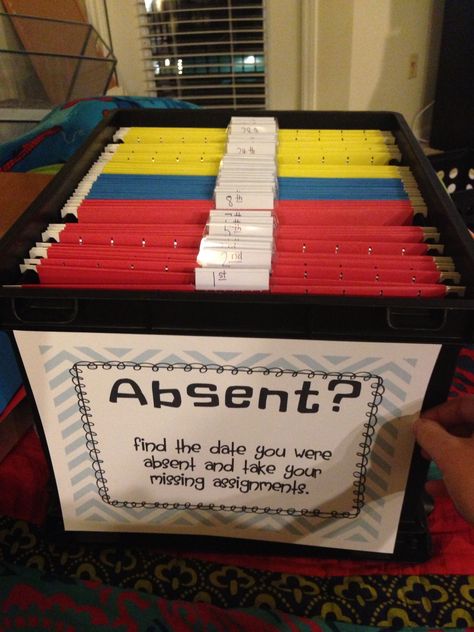 Absent bin! A hanging file numbered for each day of the month! At the end of each day, all extra handouts go in it's corresponding day for students to get on their own. At the end of the month, check for missing assignments, then recycle the extras! Biology Classroom Decorations, Classroom Organization High School, Creative Storage Ideas, Middle School English Classroom, English Classroom Decor, High School English Classroom, February Classroom, Math Classroom Decorations, Classroom Decor High School