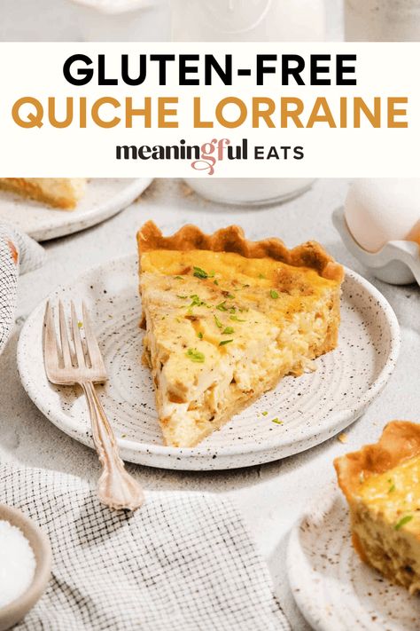 Gluten-Free Quiche Lorraine Gluten Free Quiche Lorraine, Gluten Free Quiche Recipes, Bacon And Cheese Quiche, Gluten Free Quiche, Meaningful Eats, Classic Savory, Gluten Free Brunch, Quiche Lorraine Recipe, Gluten Free Crust