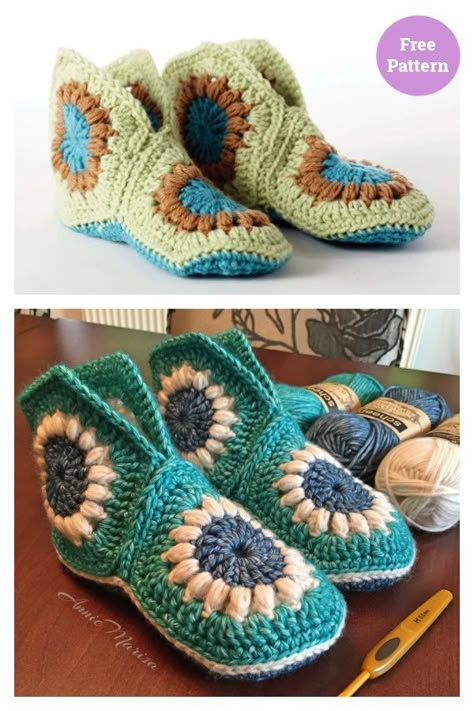 Granny Slippers Free Crochet Pattern Crochet Granny Hexagon, Crochet Slippers Adult Free Pattern, Granny Square Slippers, Granny Hexagon, Flower Slippers, Crocheted Slippers, Easy Crochet Slippers, Slippers Free Pattern, Crochet Slippers Free Pattern