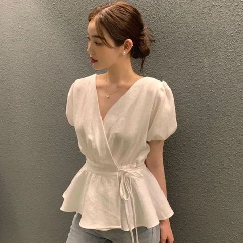 Happo - Puff-Sleeve V-Neck Plain Peplum Blouse | YesStyle Ruffled Shirt, Downtown Outfits, Summer Retro, Y2k Outfits, Ruffle Shirt, Cargo Skirt, Peplum Blouse, Casual Winter Outfits, Style Shirt