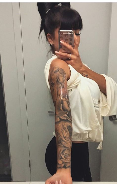 Hot Sleeve Tattoos For Women, Female Full Arm Sleeve Tattoo, Full Arm Tattoos For Women Aesthetic, One Arm Sleeve Tattoo Woman, Inside Arm Sleeve Tattoos For Women, Realism Sleeve Tattoo Women, Tattoos Female Sleeve, Angel Arm Tattoo For Women, Women’s Quarter Sleeve Tattoo