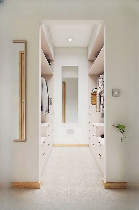 Walk In Narrow Closet, Slim Walk In Wardrobe, Entrance Coat Closet, Walk In Wardrobe Narrow, Small Walk In Wardrobe With Window, Small Walkin Wardrobe Ideas, Room With Walk In Closet And Bathroom, Bedroom And Wardrobe Ideas, Bedroom With Closet And Bathroom