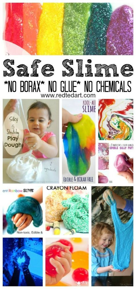 Taste Safe Slime, Easy Slime Recipes, Slime No Borax, Safe Slime Recipe, Sensory Slime, Borax Slime Recipe, Vetenskapliga Experiment, Borax Slime, Edible Slime