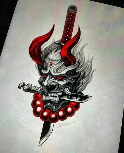 190+ Oni Mask Tattoo Designs with Meaning(2022) - TattoosBoyGirl Namahage Tattoo, Japanese Oni Mask Tattoo, Hanya Mask Tattoo Design, Oni Mask Tattoo Design, Mascara Hannya, Hanya Mask Tattoo, Mascara Oni, Tattoo Designs With Meaning, Designs With Meaning