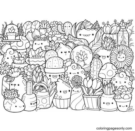 Cute Doodle Coloring Pages, Coloring Pages Cute Kawaii, Kawaii Colouring Pages, Free Color Pages, Doodle Coloring Pages, Adult Coloring Sheets, Cute Coloring Page, Kawaii Flowers, Coloring Pages Cute