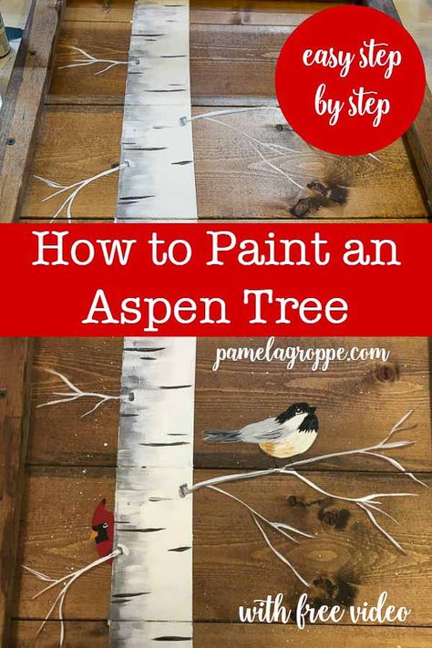 How to Paint an Aspen Tree one easy stroke at a time. Create fun paintings on gifts, signs or canvas with this easy back drop. Add birds, leaves for different seasons and more. Beginner friendly painting tutorial in acrylics. #easypainting #DIYart #diydecor #acrylicpainting #easycrafts Painting Birch Trees Tutorial, How To Paint Birch Trees Acrylics, How To Draw Aspen Trees, Tree Painting Easy, Aspen Trees Painting, Fun Paintings, Painted Pictures, Painting Instructions, Tree Painting Canvas