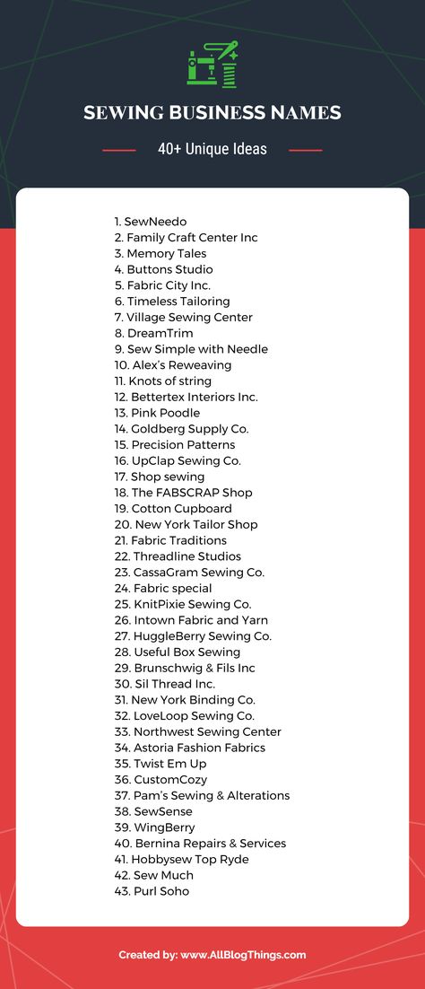 40+ Unique Sewing Company Names Infographic by AllBlogThings.com Fashion Designer Studio Name Ideas, Sewing Business Logo Ideas, Tailoring Name Ideas, Clothing Company Name Ideas, Aesthetic Clothing Brand Names, Fashion Business Name Ideas Unique, Fashion Boutique Names Ideas Unique, Clothing Boutique Names Ideas Unique, Business Name Ideas Unique Clothing