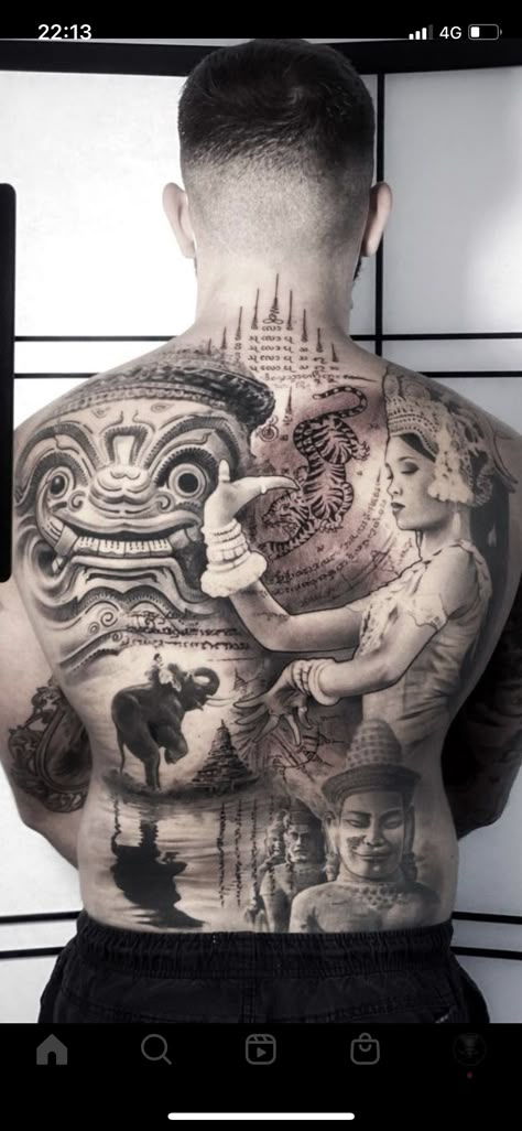 Thai Animal Tattoo, Lao Buddha Tattoo, Thai Temple Tattoo, Apsara Tattoo Khmer, Khmer Tattoo Cambodia, Lao Tattoo Ideas, Laos Tattoo, Lao Tattoo, Angkor Wat Tattoo