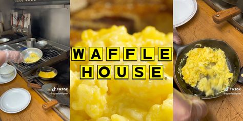 Waffle House Worker Shows How the 'Cheese Eggs' Are Made Cheese Eggs Recipe, Cheesy Scrambled Eggs, Scrambled Eggs With Cheese, Egg Waffle, Cheesy Eggs, How To Make Waffles, Fluffy Waffles, Fluffy Eggs, Bacon Egg And Cheese