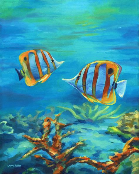 Original oil painting on canvas (9.5x12 ‘’ / 24x30 cm). This butterfly fish painting transports you to a paradisiacal swim in crystalline waters for a moment... The weather is perfect,...