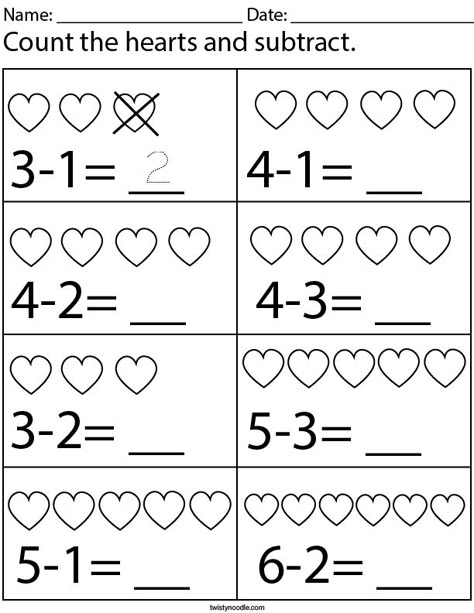 Heart Worksheet, Easy Math Worksheets, Kindergarten Math Worksheets Addition, Subtraction Kindergarten, Kindergarten Math Worksheets Free, Math Addition Worksheets, Math Subtraction, Subtraction Activities, Kids Worksheets Preschool