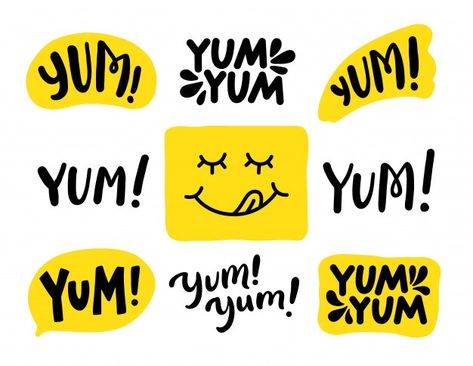 Yum yum words set. . lettering | Premium Vector #Freepik #vector #food #cartoon #comic #typography Eat Logo, Hand Drawn Calligraphy, Food Logo Design Inspiration, Illustration Colorful, Mini Pizzas, Food Branding, Food Graphic Design, Bakery Logo, Bakery Logo Design