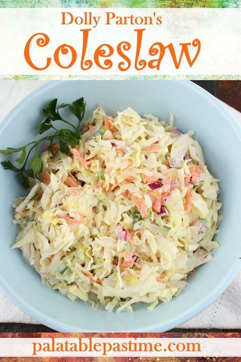 Dolly Parton's Coleslaw is her recipe from the Cookbook Dollywood presents "Tennessee Mountain Home Cooking". via @suelau1 Yummy Coleslaw Recipe, Dolly Parton Recipes, Easy Tomato Tart, Slaw Dressing, Super Salads, Farmers Market Recipes, Celebrity Recipes, Tomato Tart, Vegetarian Cabbage