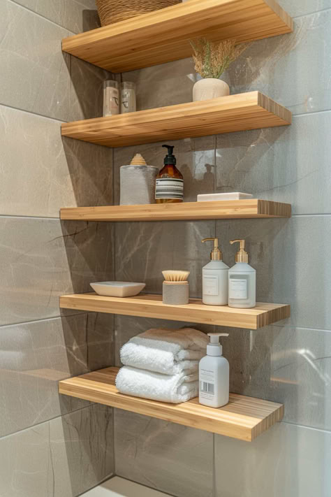 28 Shower Shelf Ideas To Style and Organize Your Bathroom Bathroom Shower Shelf Ideas, Shower Storage Ideas Shelving, Wooden Shelves Bathroom, Shower Shelves Ideas, In Shower Shelves, Shower Shelf Ideas, Wood Bathroom Shelf, Bathroom Shower Shelf, Wood Like Tile