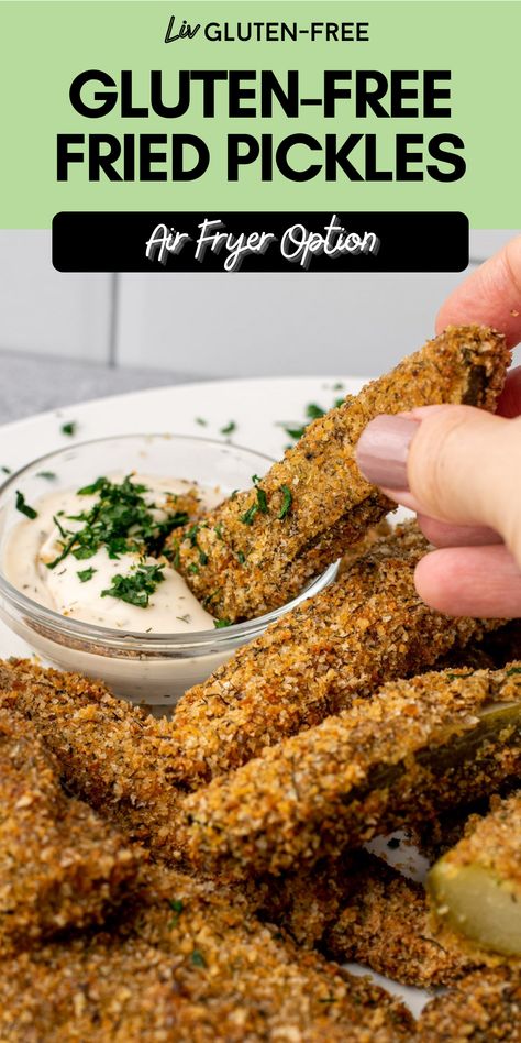 These crispy gluten-free fried pickles are the perfect addition to your game day party food! Juicy dill pickles coated in seasoned gluten-free breadcrumbs then baked in the oven or air fryer for easy prep. A dill-icious and impressive, restaurant-quality appetizer! Fried Pickles Air Fryer, Oven Fried Pickles, Fried Pickle Spears, Fried Dill Pickles, Gluten Free Snacks Recipes, Fried Pickles Recipe, Dairy Free Appetizers, Restaurant Appetizers, Snack Easy