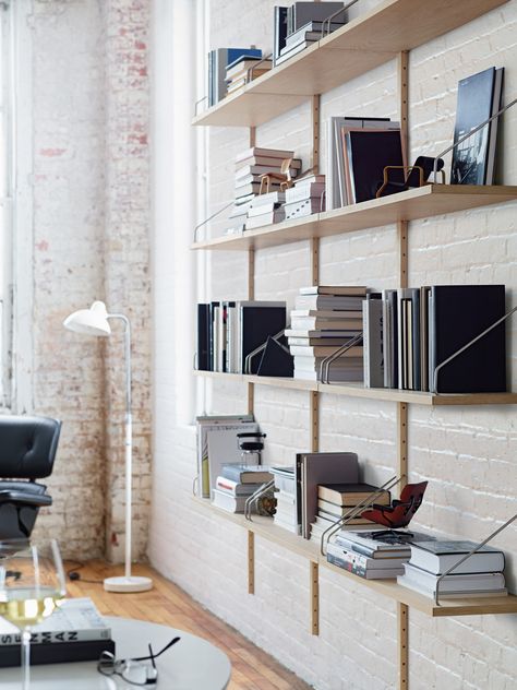 How do you like to store?  Royal System Shelving | Designed by Poul Cadovius Royal System Shelving, Track Shelving, Wall Mounted Shelving Unit, Wall Mounted Shelving, Wall Mounted Bookshelves, Shelving Design, Shelving Storage, Modular Walls, Shelving Ideas