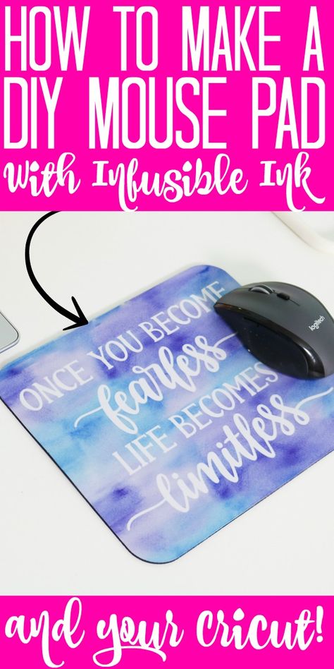 Learn how to make a DIY mouse pad with Cricut Infusible Ink then add a quote or any custom text you love! #cricut #cricutcreated #infusibleink #cricutinfusibleink #mousepad #office #homeoffice #quote #inspiration #inspirational #cricutmade #cricutprojects #cricuttutorial #cricuteasypress #cricutexplore #cricutmaker Cricut Mouse Pads, Diy Mouse Pad, Circuit Crafts, Cricut Explore Air Projects, Cricut Supplies, Cricut Explore Projects, Idee Cricut, Projets Cricut, Infusible Ink