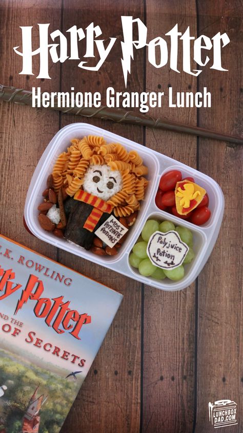 How to make a Harry Potter Hermione Granger school lunch! Harry Potter Lunch Box Notes, Harry Potter Lunch Ideas, Themed Lunches For Kids, Christmas School Lunch, Harry Potter Lunch, London Lunch, Fun Kid Lunch, Fun School Lunches, Harry Hermione