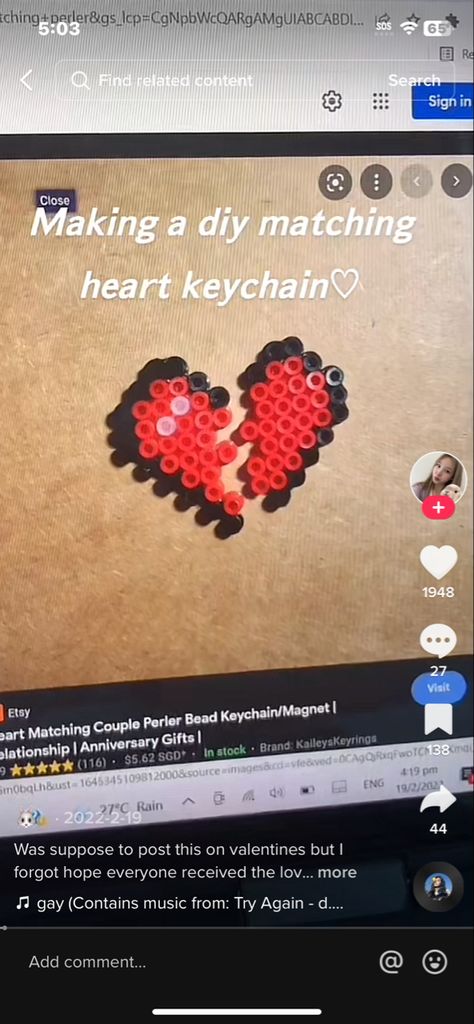 Matching Perler Beads, Perler Valentines, Matching Perler Beads Ideas, Heart Perler Beads, Beads Ideas, Heart Keychain, Perler Bead Art, Beaded Keychains, Perler Bead Patterns