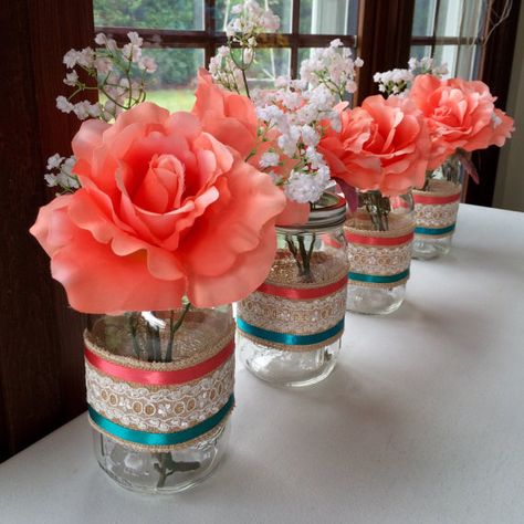 4 Mason Jar Centerpieces JARS ONLY Coral by RelaxingRoomDesigns Coral Wedding Centerpieces, Centerpieces With Flowers, Turquoise Coral Weddings, Wedding Colors Spring, Beach Wedding Decorations Reception, 35th Wedding Anniversary, Aqua Wedding, Jar Centerpieces, Baby Shower Decoration