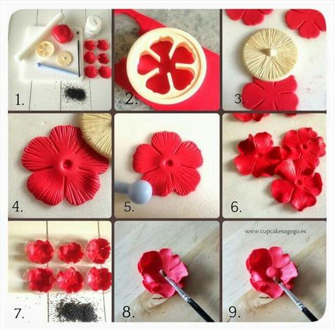 Fondant Fimo Flowers, Moana Cake, Fondant Flower Tutorial, Fondant Figures Tutorial, Polymer Flowers, Fondant Rose, Gum Paste Flowers, Fondant Flowers, Paper Flower Template