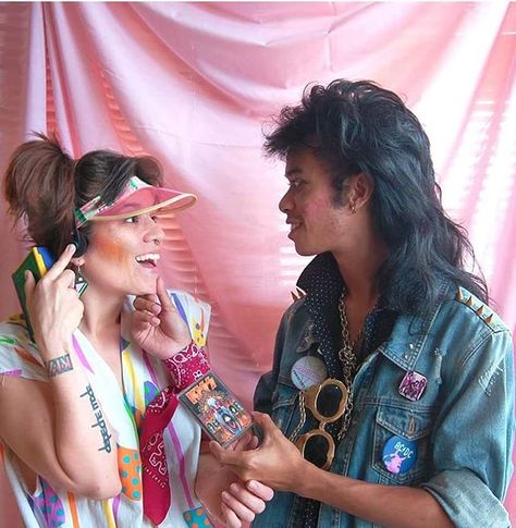 Pin for Later: 13 Couples Costumes Straight Out of the '80s Colorful '80s Couple 80s Outfits Couples, Best 80s Costume Ideas For Couples, 80 Couples Costumes, 80s Rock Couple Costume, 80s Fashion Couples, 80s Fashion Outfits 1980s Costume Ideas Plus Size, Couples Decade Costumes, Couples Costumes 80s, Iconic 80s Couples Costumes