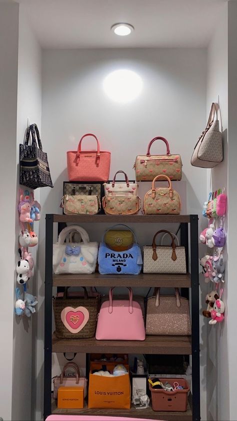 Big Purse Organization, Bag And Purse Storage, Purse Organization Ideas Bedroom, Bedroom Bag Storage, Purse Organization Aesthetic, Creative Purse Display, Purse Shelf Display, Bag Shelf Ideas, Bag Shelves Ideas