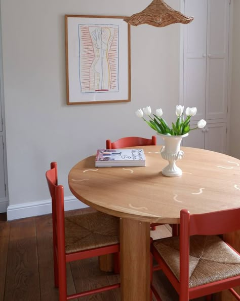 A 4 person Dining Table featuring oversized octagonal legs with arched support for the round tabletop and inlaid with beech in a random guilloche design. Made to order and non-refundable. Shipped 8-10 weeks from purchase. Checkered Dining Table, Fun Dining Table, Colored Kitchen Table, Round Table In Living Room, Colourful Dining Table, Tiny Dining Table, Colored Dining Table, Colour Dining Table, Eclectic Dining Table