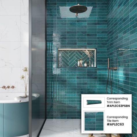 Apollo Tile Green 2.58-in. x 8-in. Polished Ceramic Subway Tile (5.38 Sq ft/case) - On Sale - Bed Bath & Beyond - 36077930 Bathroom Tiles Around Window, Tile Patterns For Showers, Teal Bathroom Tile Ideas, Wow Tiles Bathroom, Colored Subway Tile Bathroom, Teal Tiles Kitchen, Aqua Shower Tile, Blue Tile Bathrooms, Aqua Tile Bathroom