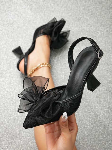 Elegant Black Slingback Pumps For Women, Bow Decor Mesh Point Toe Sculptural Heeled Pumps | SHEIN USA Black Fancy Shoes, Bridemaids Shoes, Black Wedding Shoes, Bridesmaid Dress Shoes, High Heels Classy, Black Kitten Heels, Shoes Heels Classy, Party Pumps, Fancy Jewellery Designs