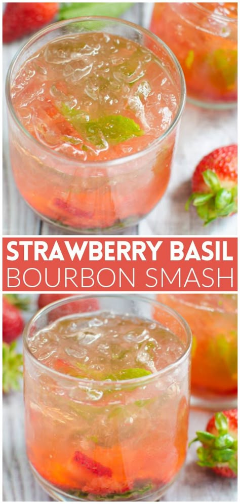 Strawberry Basil Bourbon Smash - juicy strawberries and fresh basil are the perfect pair in this bourbon cocktail recipe! Vesper Martini, Bourbon Cocktail Recipe, Bourbon Smash, Strawberry Basil, Bourbon Cocktail, Bourbon Drinks, Bourbon Cocktails, Boozy Drinks, Drink Drank Drunk