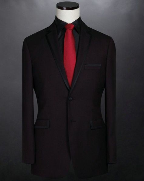 Red Vest Suit, Black Suit Red Tie, Suit Red Tie, Full Black Suit, All Black Tux, Black Suit White Shirt, Suit With Red Tie, Dark Red Suit, Red Shirt Men