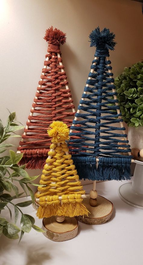 Macrame Table Top Christmas Pine Trees - Etsy UK Macrame Xmas, Winter Mantel Decor, Wood Snowflake, Macrame Table, Christmas Cones, Rustic Fabric, Rainbow Macrame, 3d Christmas Tree, Christmas Table Centerpieces