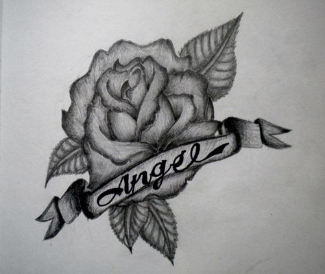 Tattoo idea with name in banner Rose With Banner Tattoo Design, Rose Tattoo With Name, Rose Hand Tattoo, Name Drawings, Thug Girl, Heart Banner, Drawing Stencils, Sleeve Ideas, Rose Tattoo Design