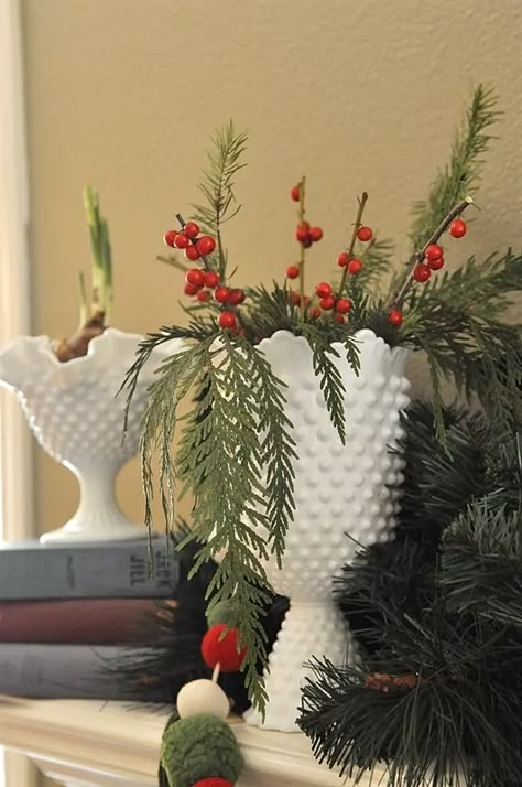 Christmas Decor Ideas | by Leigh Anne WilkesEasy Milk Glass Christmas Centerpiece, Milkglass Decorating Christmas, Milk Glass Christmas, Milk Glass Display, Antique Decorating, Christmas Homes, Christmas Decor Idea, Milk Glass Decor, Christmas Tree Silhouette