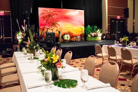 Luau Stage Decor, Stage Decor Corporate Event, Corporate Events Stage Set Design, Moana Stage Design, Stage Corporate Event, Luau Ideas, Company Anniversary, Corporate Events Decoration, Stage Ideas