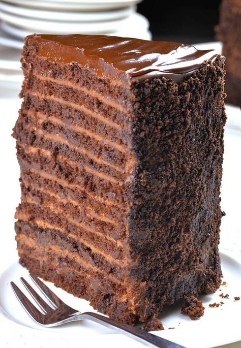 This chocolate cake with 12 layers of cake, 12 layers of filling, plus chocolate ganache on top is real multi-layer chocolate madness! Layer Chocolate Cake Recipe, Layer Chocolate Cake, Chocolate Cake Recipe Moist, Chocolate Ganache Cake, Rich Chocolate Cake, Chocolate Layer Cake, Moist Chocolate Cake, Chocolate Filling, Decadent Chocolate