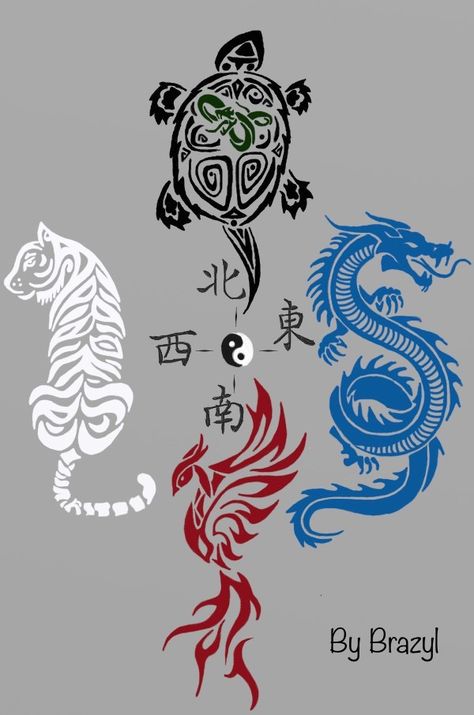 White Tiger Mythology, Chinese Dragon Mythology, Four Guardians Chinese Tattoo, Black Eastern Dragon, Vermillion Bird Chinese, Japanese Dragon Symbol, Dragon And Phoenix Tattoo Yin Yang, Black Tortoise Tattoo, Azure Dragon Tattoo