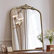 Vintage Gold Bathroom, Gold Mirror Living Room, Arch Mirror Bathroom, Fireplace Entryway, Mirror Over Fireplace, Vintage Bathroom Mirrors, Gold Arch Mirror, Foyer Mirror, Gold Bathroom Vanity