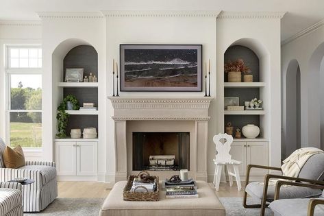 Beige Limestone Fireplace Flanked by Arched Built Ins - Transitional - Living Room Grey Grasscloth Wallpaper, Styled Bookshelves, Bria Hammel Interiors, Greenwich House, Bria Hammel, Limestone Fireplace, Transitional Living, Bookshelf Design, Transitional Living Rooms