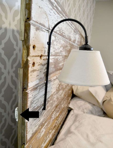 If you would like to free up some space on your night stands, click over to see how to make a DIY Plug In Wall Sconce for your headboard. Diy Bedside Lamp, Diy Headboard With Lights, Diy Night Stand, Wall Lights Diy, Rustic Wood Headboard, Headboard Lamp, Plug In Wall Lamp, Plug In Wall Lights, Headboard With Lights