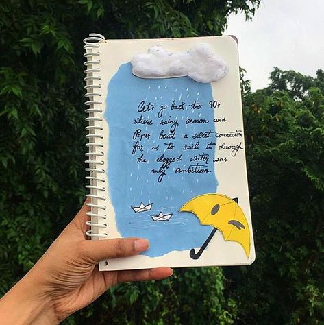 Ideas For Decorating Diary, Cute Rain Drawing, Easy Art Journal Pages Ideas, Painting Ideas On Diary, Rain Related Drawings, Personal Diary Decoration Ideas First Page, Rain Journal Ideas, Personal Diary Front Page Ideas Creative, Diary Decorating Ideas