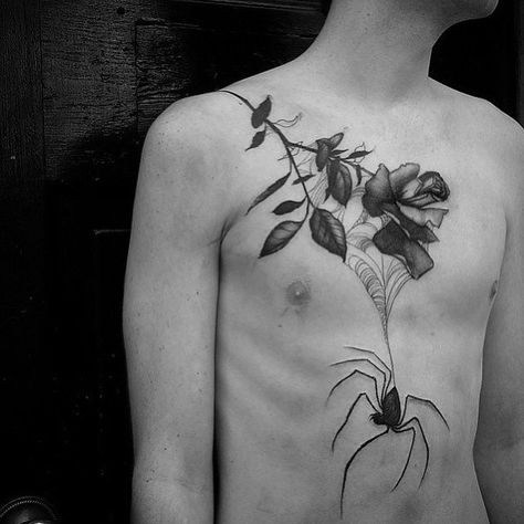 Rose and Spider Tattoo on Chest Chest Tattoo Man, Men Chest Tattoo, Feminist Tattoo, Graphic Tattoo, Spider Web Tattoo, Tattoo Man, Christ Tattoo, Web Tattoo, Design Tattoos