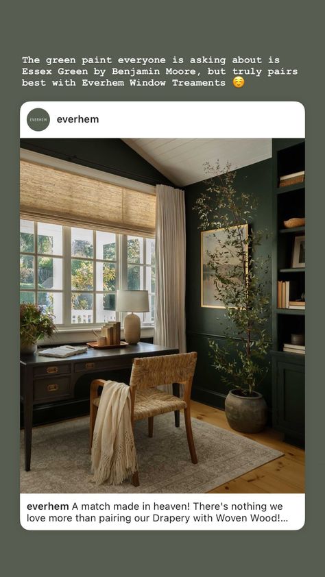 Green Office Walls, Green Home Offices, Dark Green Rooms, Dark Green Walls, Green Dining Room, Green Office, Home Decor Ideas Living Room, Up House, Ideas Living Room