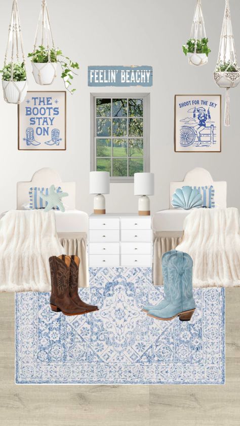 #dorminspo #dormdecor #dorm #bedroom #coastal #coastalcowgirl #blue Coastal Cowgirl Dorm Aesthetic, Costal Granddaughter Dorm Room, Blue Coastal Cowgirl Bedroom, Coastal Cowgirl Room Ideas, Costal Granddaughter Dorm, Coastal Cowgirl Bedding, Coastal Dorm Room Aesthetic, Costal Cowgirl Bedrooms, Costal Cowgirl Dorm