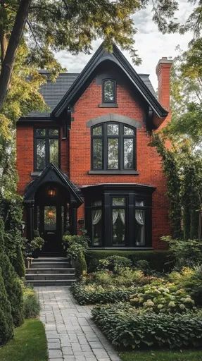 ↑↑↑ Larger size on website 🔸 A red brick Victorian-style house with black trim stands majestically amidst lush greenery. The hous Victorian Red Brick House Exterior, Brick Victorian Exterior, Gothic Brick House, Craftsman Brick Exterior, Modern Victorian Home Exterior, Black And Red Brick House, Victorian Brick House, Brick House Black Trim, Red Brick Black Windows