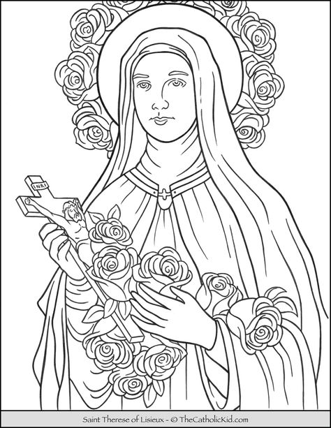 Saint Therese of Lisieux Coloring Page - TheCatholickKid.com Guadalupe Drawing, Catholic Coloring Pages, Saint Coloring, Catholic Crafts, Saint Teresa, St Therese Of Lisieux, Thérèse Of Lisieux, Catholic Kids, St Therese