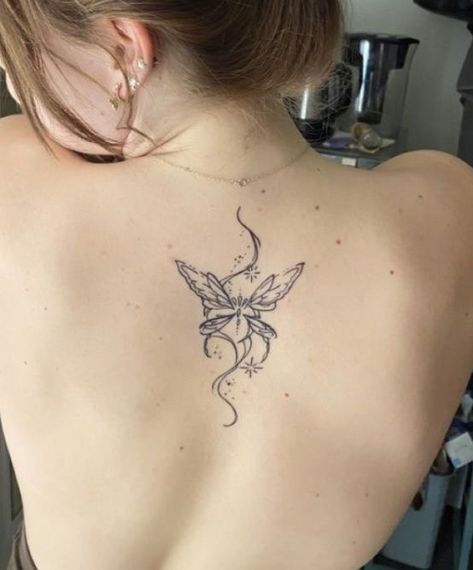 Butterfly Tattoo On Back For Women, Fairy Rib Tattoo, Back Tattoo Words, Hot Back Tattoos, Upper Spine Tattoo, Side Hip Tattoos, Front Shoulder Tattoos, Cute Matching Tattoos, Tato Minimal