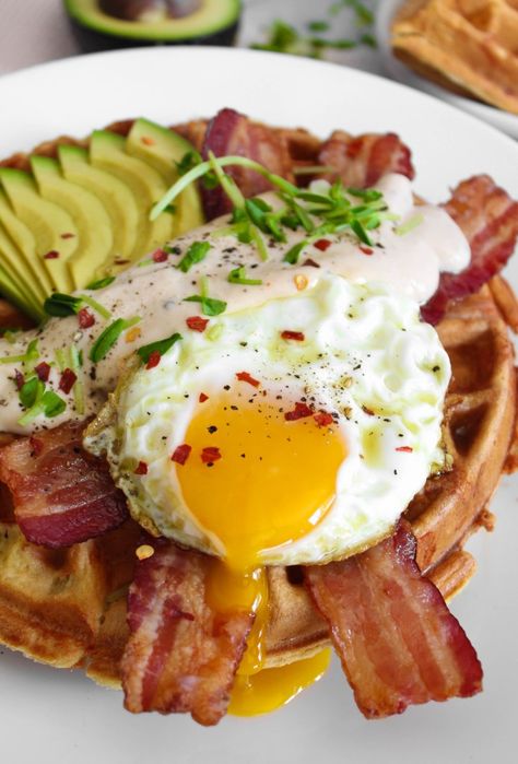 Savory Breakfast Waffles with Maple Cream Sauce Breakfast Waffle Recipes, Savory Breakfast Recipes, Waffle Ingredients, Savory Waffles, Brunch Items, Breakfast Prep, Maple Cream, Breakfast Waffles, Brunch Time