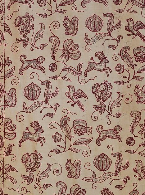 Embroidered bed curtain. 1670-1700. cotton / linen embroidered with wool thread. 193 x 188 cm. (40.88a-f) 18th Century Embroidery Pattern, 1700s Embroidery, Red Folk Embroidered Fabric With Embroidered Border, Red Folk Style Embroidered Fabric, Medieval Embroidery, Jacobean Embroidery, Embroidered Bedding, Red Folk-style Embroidered Fabric With Motifs, Blackwork Embroidery